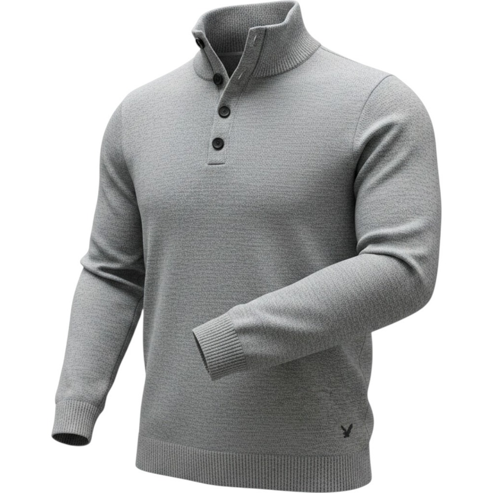 American Eagle Mens Mock Neck Button Sweater Heather Grey Classic Fit Large L